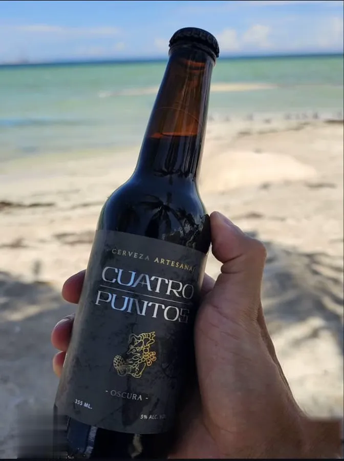Mano sosteniendo una botella Cuatro Puntos Oscura frente al mar